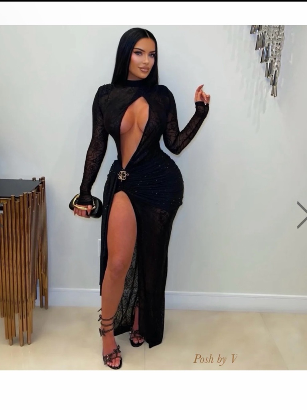 Black Elegant Crystal Lace Long sleeve Evening Dress/Gown  Brand  New